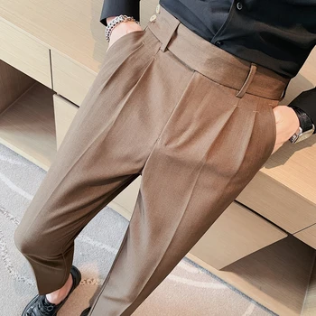 הבריטי אריג קפלים עיצוב נאפולי עם קו מותן גבוה מזדמנים מכנסיים האופנה גברים של סלים מתאים מינימליסטי חברתית מנופחים המכנסיים